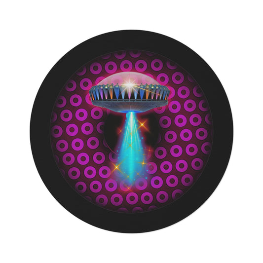 Round Room - 5 ft x 5 ft Lumpy Donut Rug - "They Have Donut Rugs On The Mothership Now" - paradoxical burgundy/magenta donut w/black background - variant 3