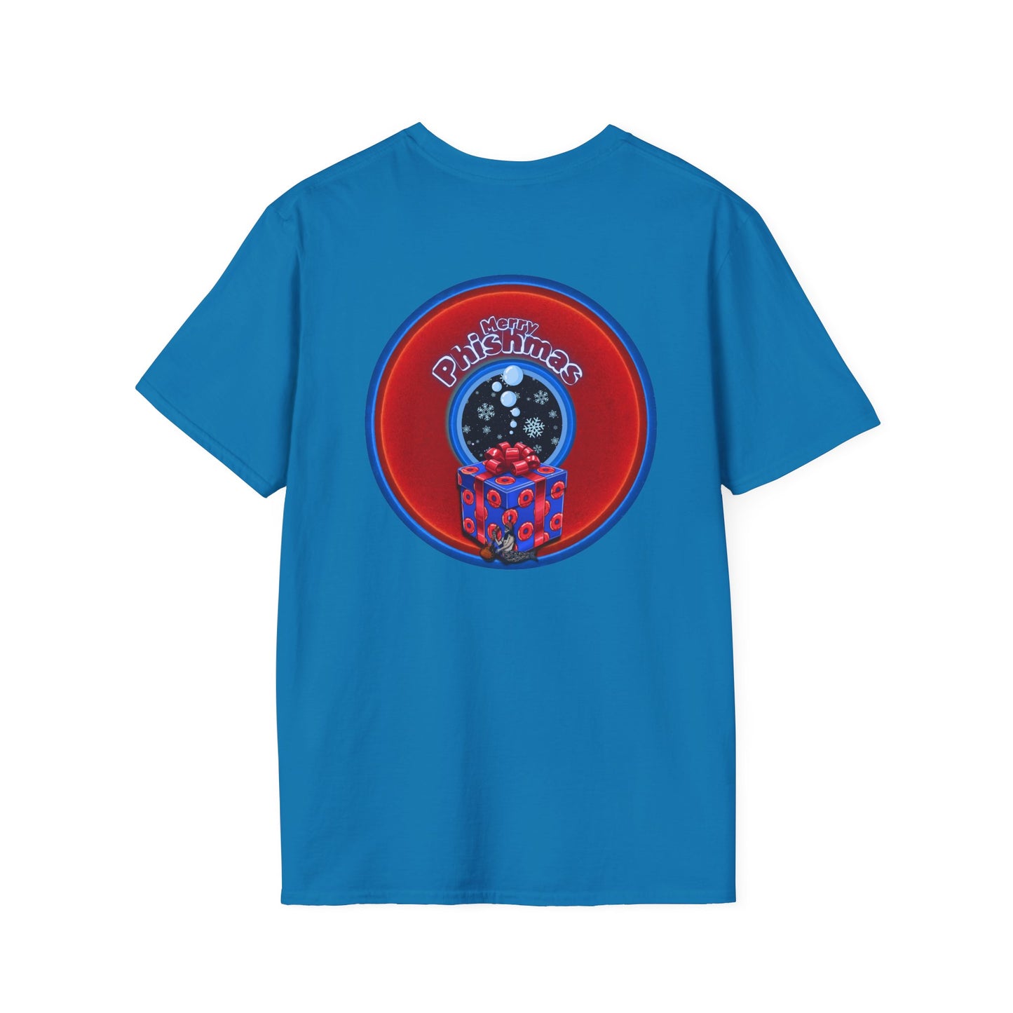 Classic Donut Tee - Unisex Soft-Style - "Phishmas Caroler's Tee " - vivid red/blue donut - variant 4