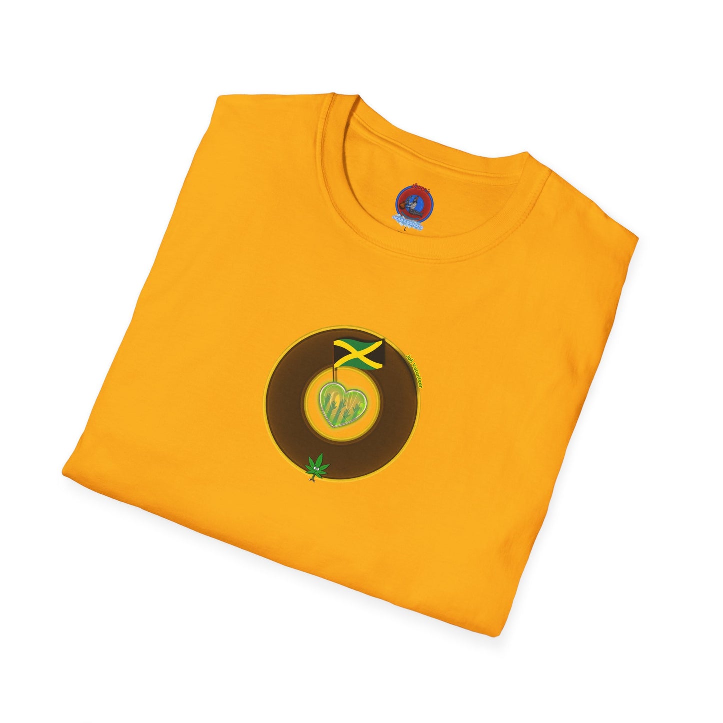 Classic Donut Tee - Unisex Soft-Style - "Jah Volunteers Protect Jah Love... and donuts!" - vivid brown/gold donut