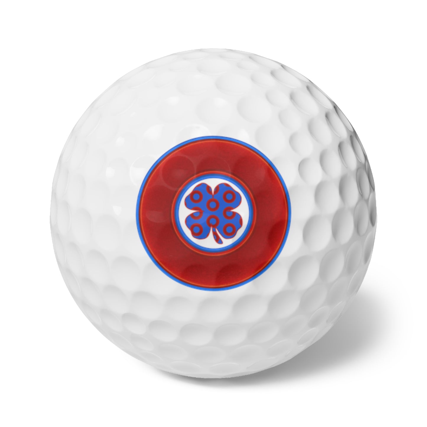 Lumpy Donut Golf Balls - 6-pack - "Patron Saint of Golf Balls" - vivid red/blue donut - w/4-leaf clover - variant 3