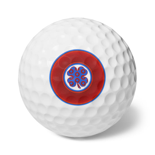 Lumpy Donut Golf Balls - 6-pack - "Patron Saint of Golf Balls" - vivid red/blue donut - w/4-leaf clover - variant 3