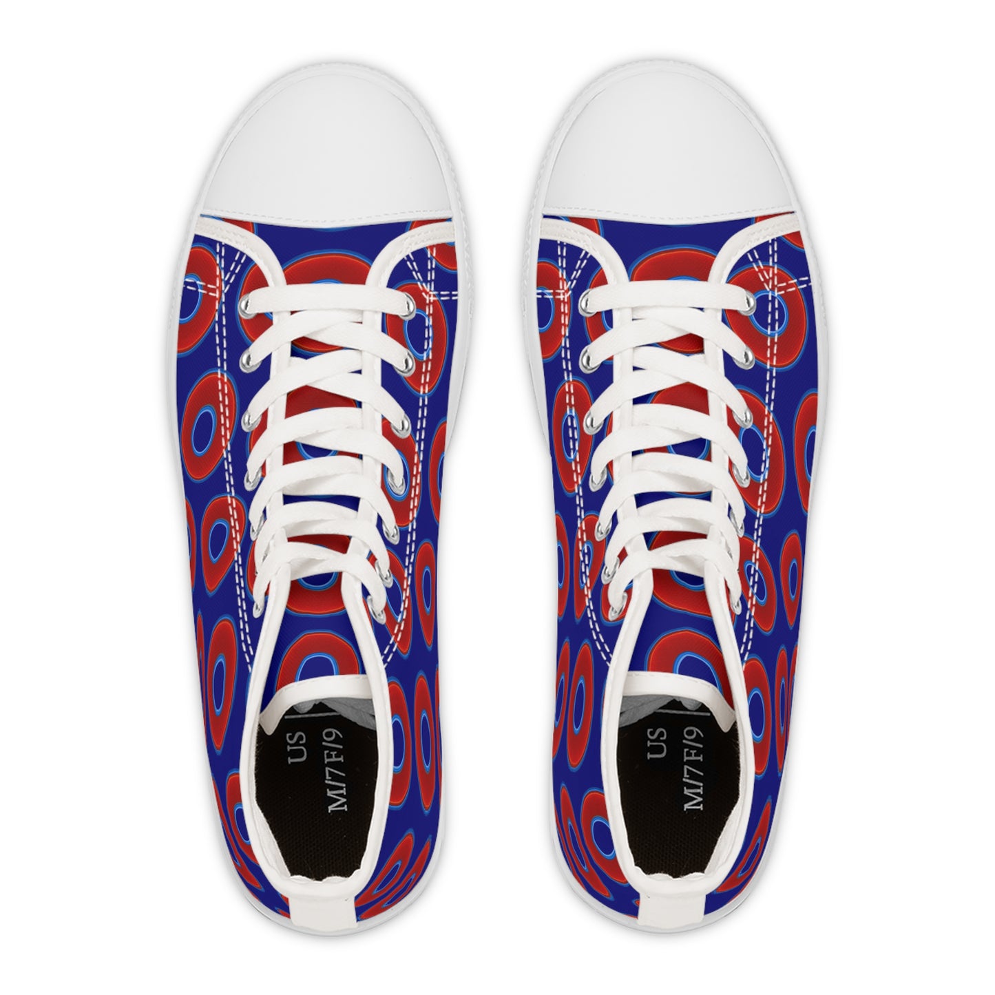 Women's High Top Chuck Taylors - large vivid red donut print w/vivid navy blue background