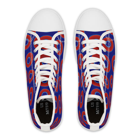 Women's High Top Chuck Taylors - large vivid red donut print w/vivid navy blue background