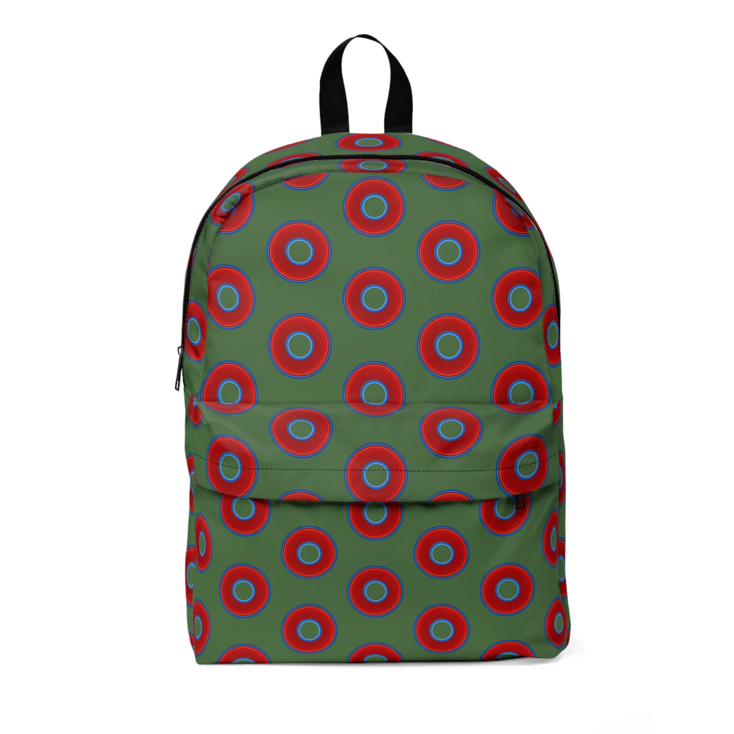 Donut Backpack - red vivid donuts w/Dark Fenway Green background