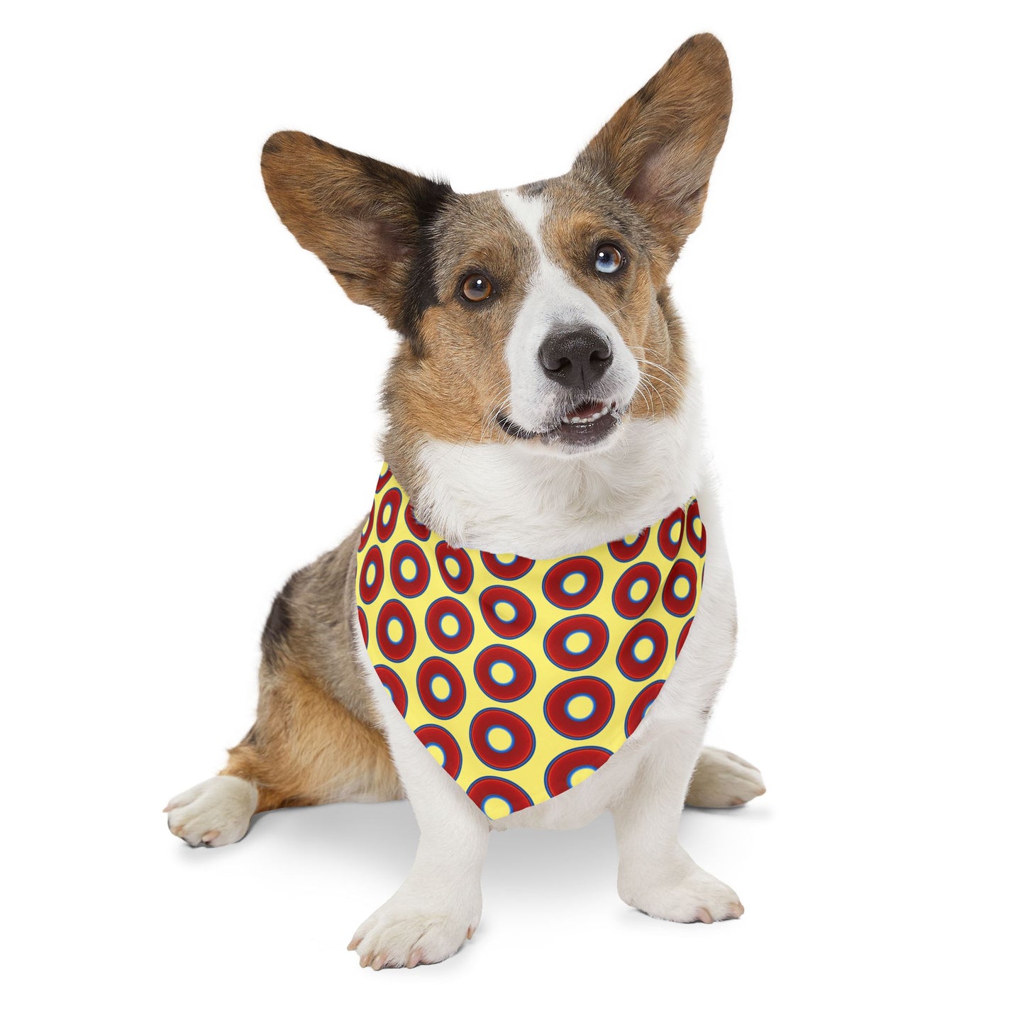 Jim's Lumpy Bandana Pet Collar - vivid red donuts w/yellow background