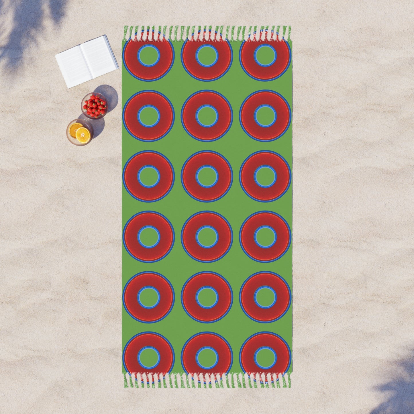 Oversized Lumpy Beach Towel - vivid red donuts w/light green background