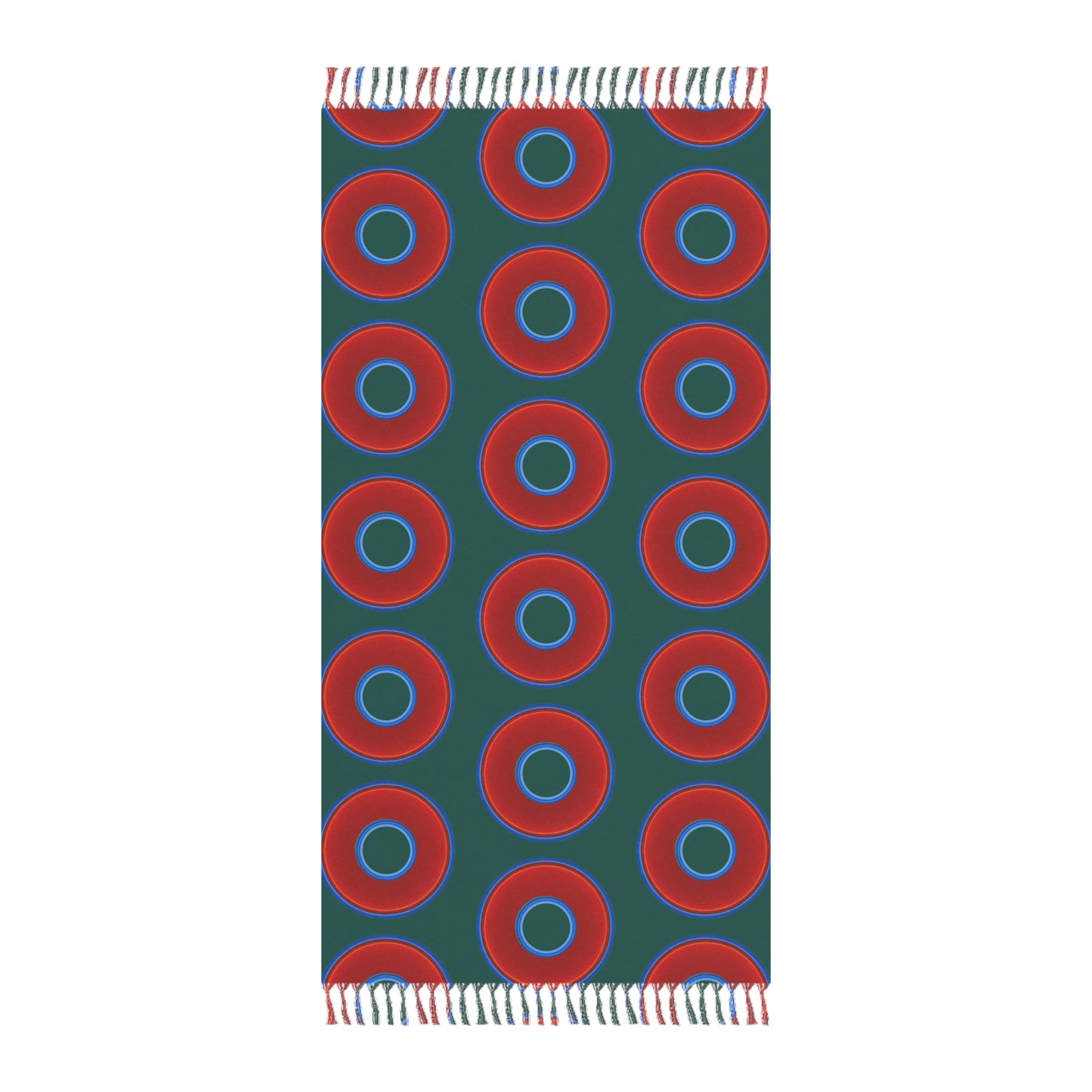 Oversized Lumpy Beach Towel - vivid red donuts w/dark Fenway green background