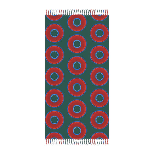 Oversized Lumpy Beach Towel - vivid red donuts w/dark Fenway green background
