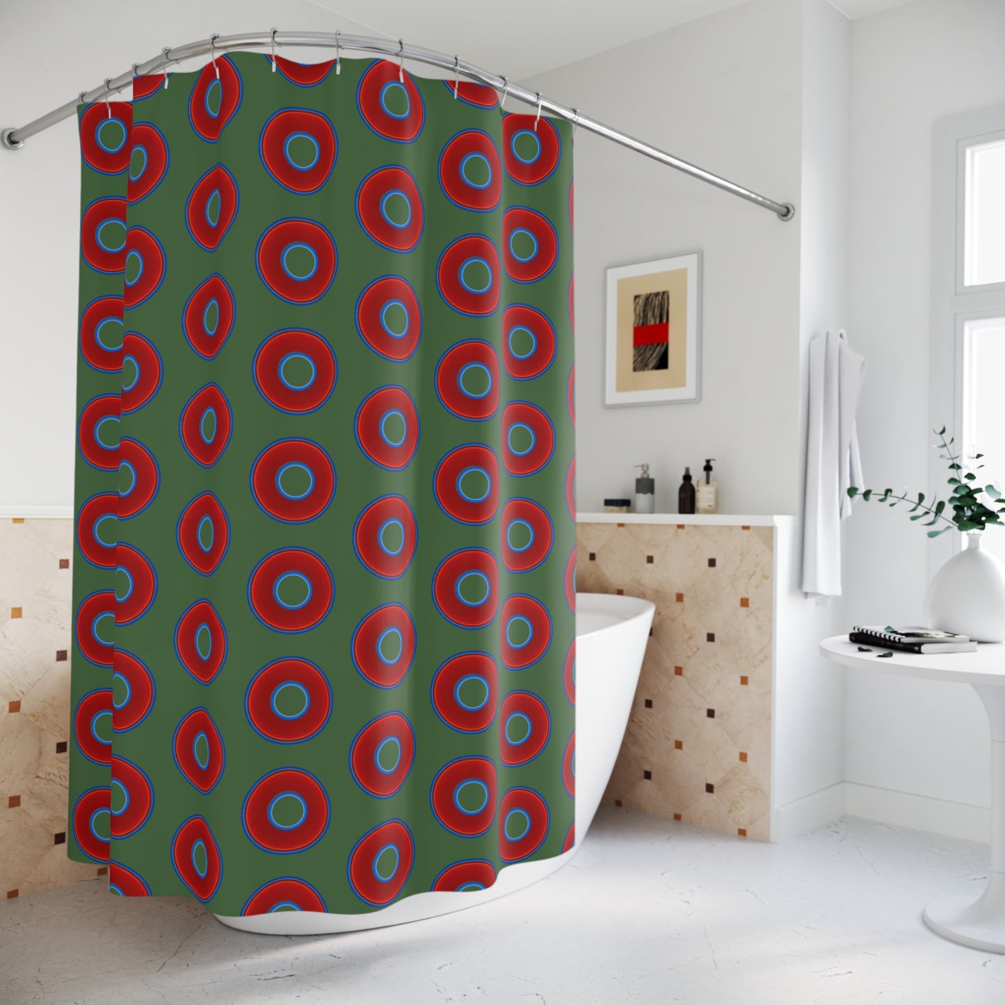 The Curtain With "Donuts" - Lumpy Bath Time Fun - vivid red donuts w/dark green background