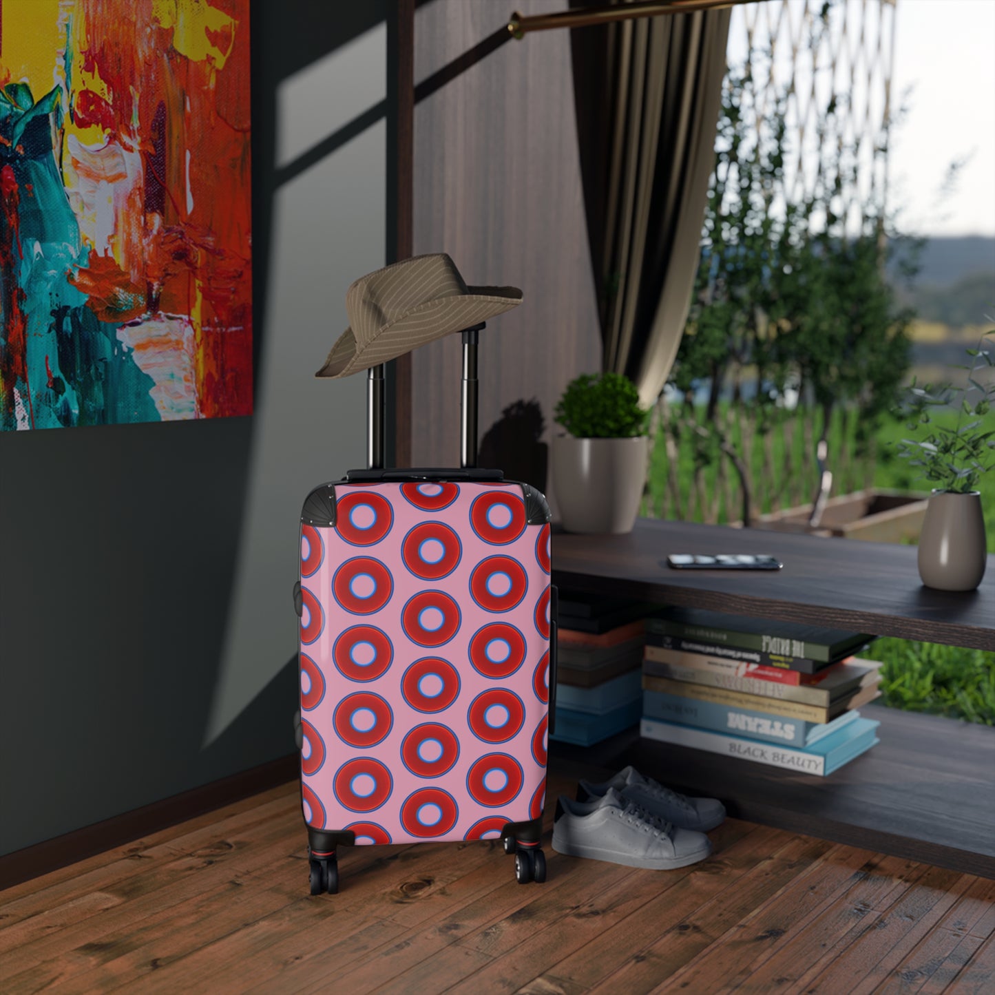 Very Lumpy Donut Suitcase series - your choice of S, M or L - vivid red donut print w/pale magenta background