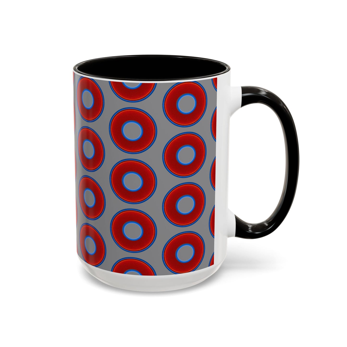 Lump's Grumpy Coffee Mug - vivid red donuts w/gray background