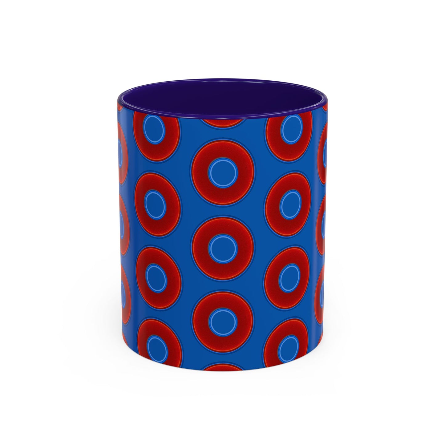 Lump's Grumpy Coffee Mug - vivid red donuts w/dark royal blue background