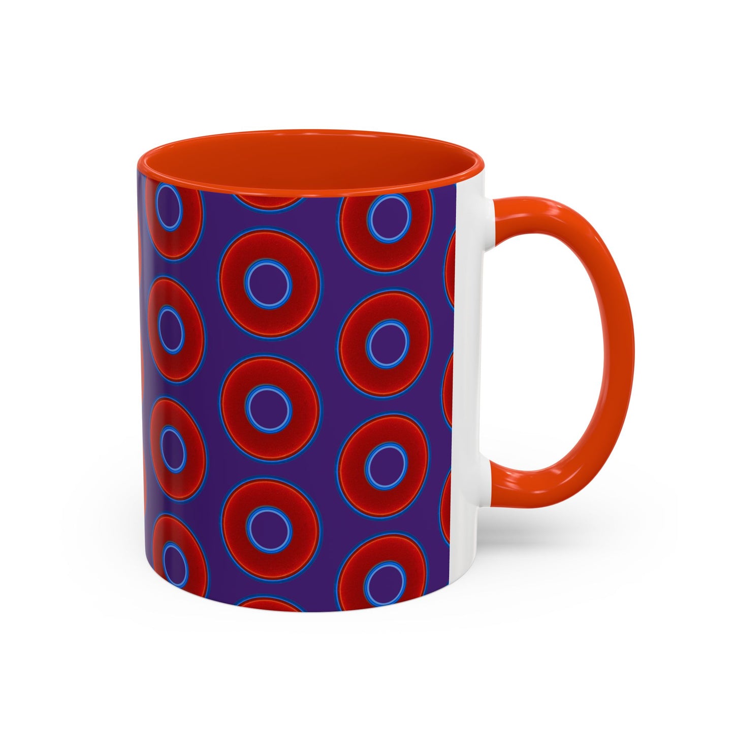 Lump's Grumpy Coffee Mug - vivid red donuts w/purple background