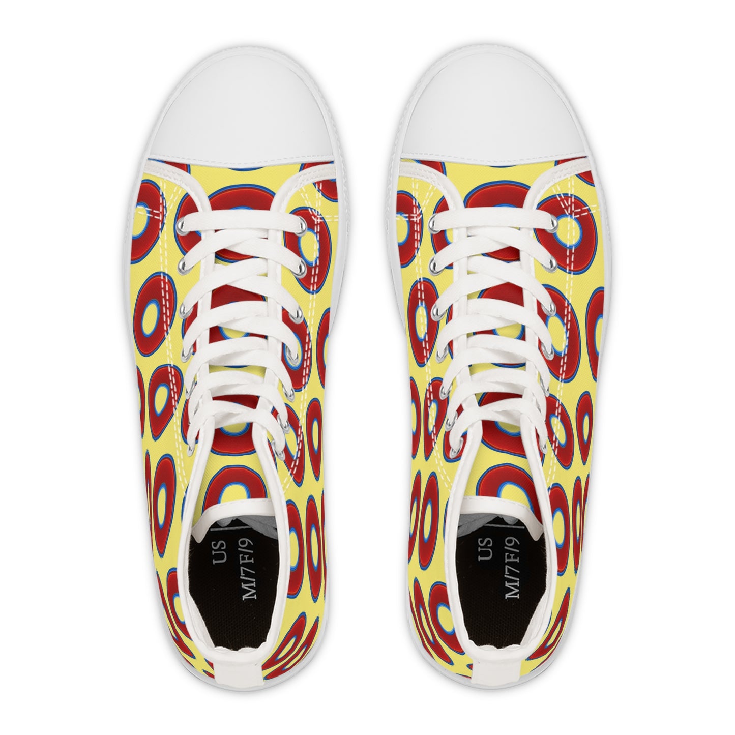 Women's High Top Chuck Taylors - large vivid red donut print w/yellow background