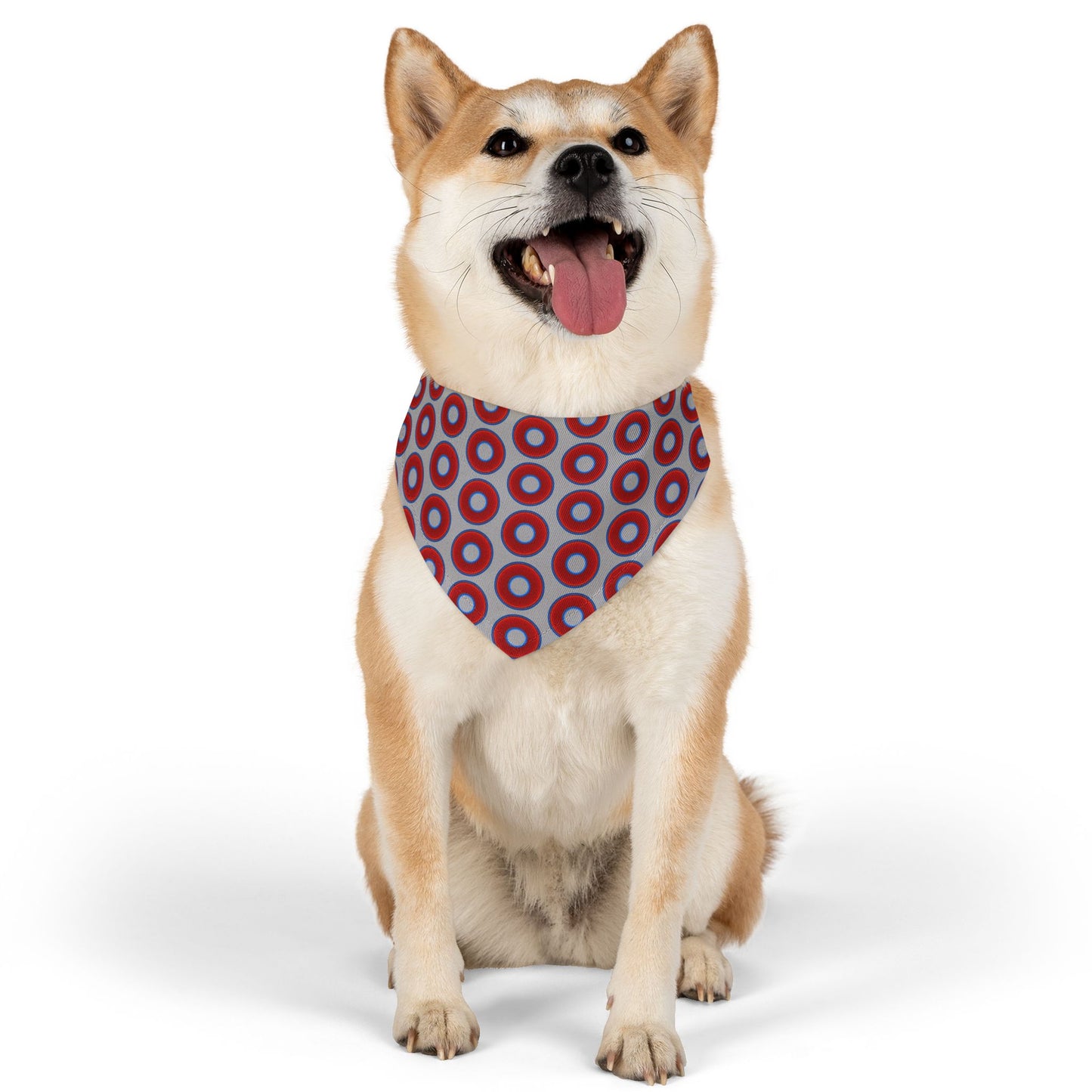 Jim's Lumpy Bandana Pet Collar - vivid red donuts w/light gray background
