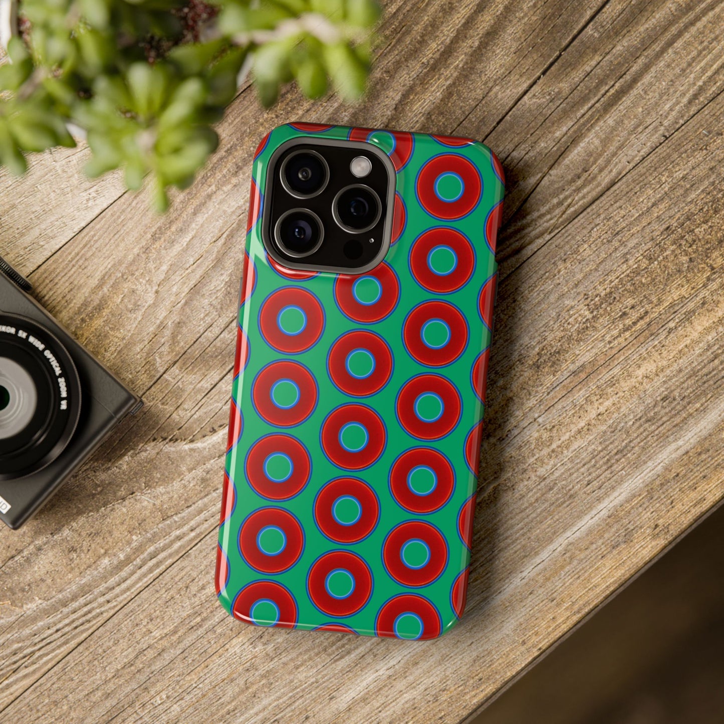 Magnetic Tough Donut Case - red vivid donut print w/jade green background