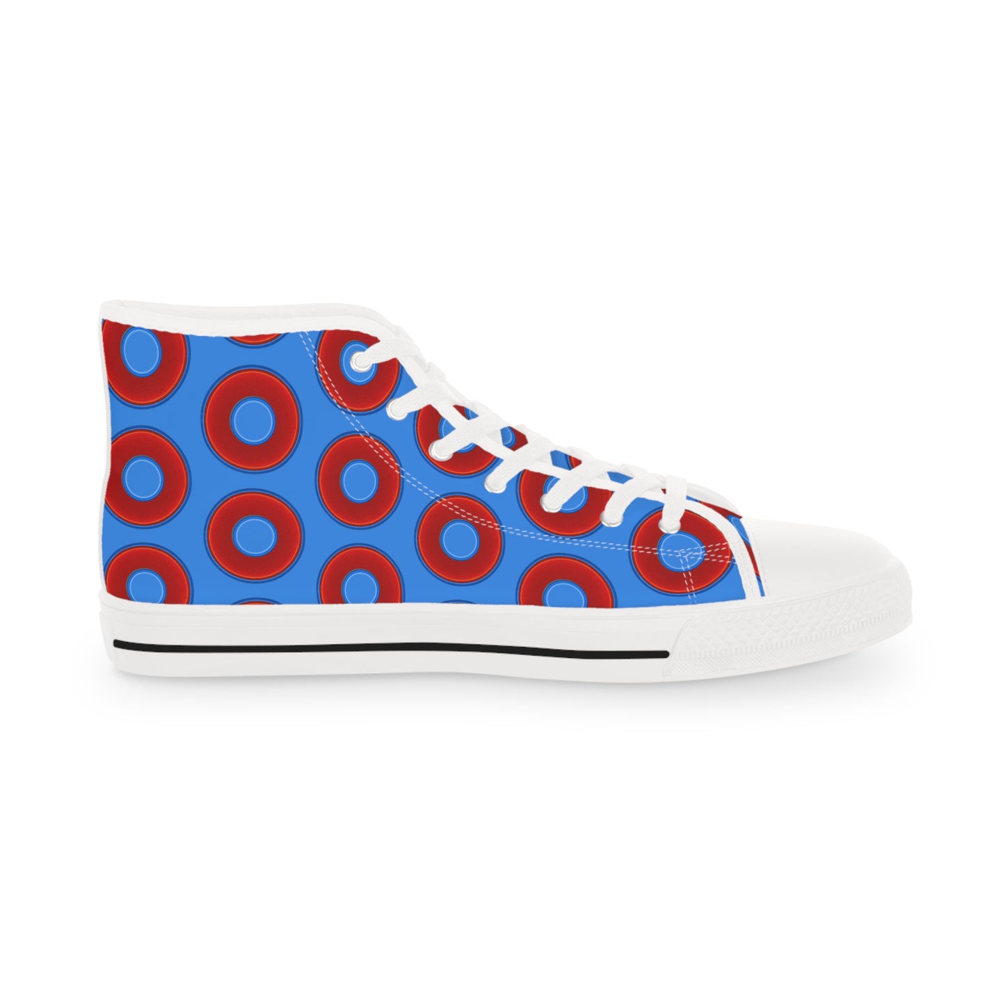 Men's High Top Chucks - large vivid red donut print w/light royal blue background