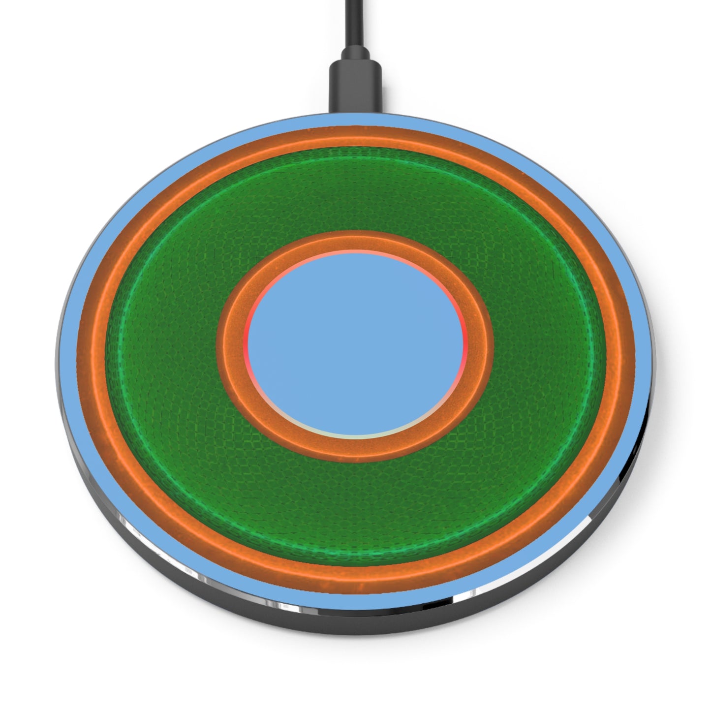 The Flow - Wireless Lumpy Donut Chargers - rustic green/orange donut w/light blue background