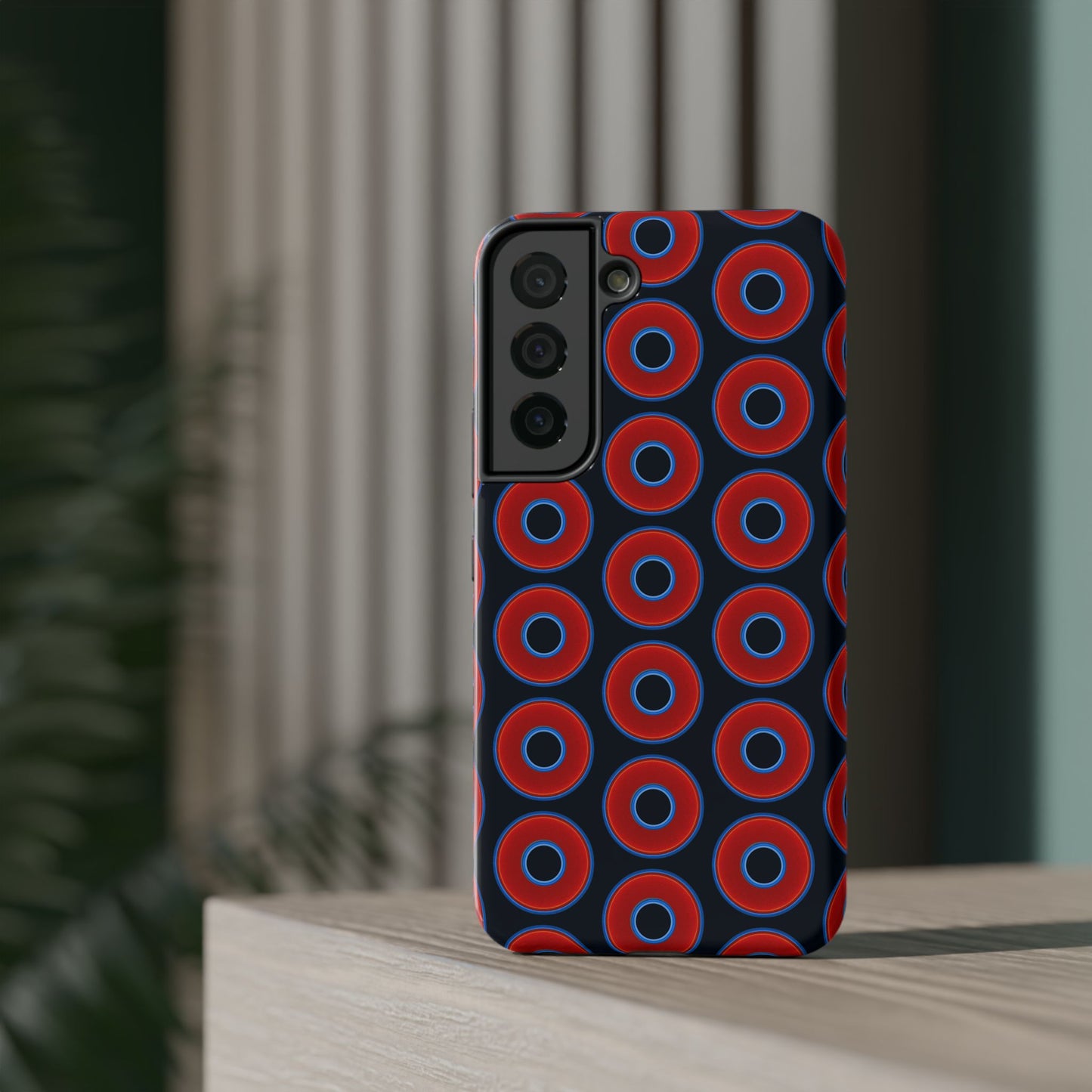 Impact-Resistant Lumpy Donut Case - red vivid donut print w/blue charcoal background
