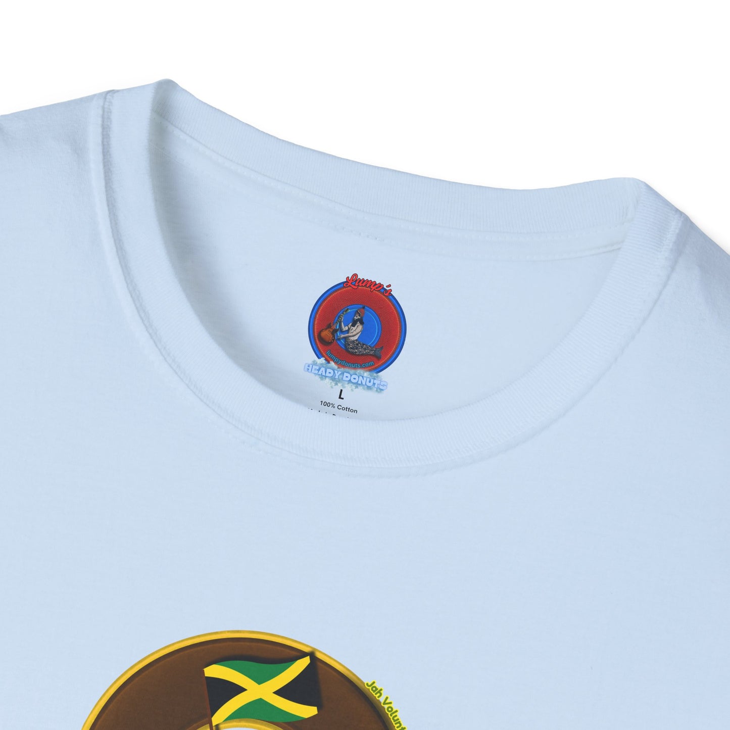 Classic Donut Tee - Unisex Soft-Style - "Jah Volunteers Protect Jah Love... and donuts!" - vivid brown/gold donut