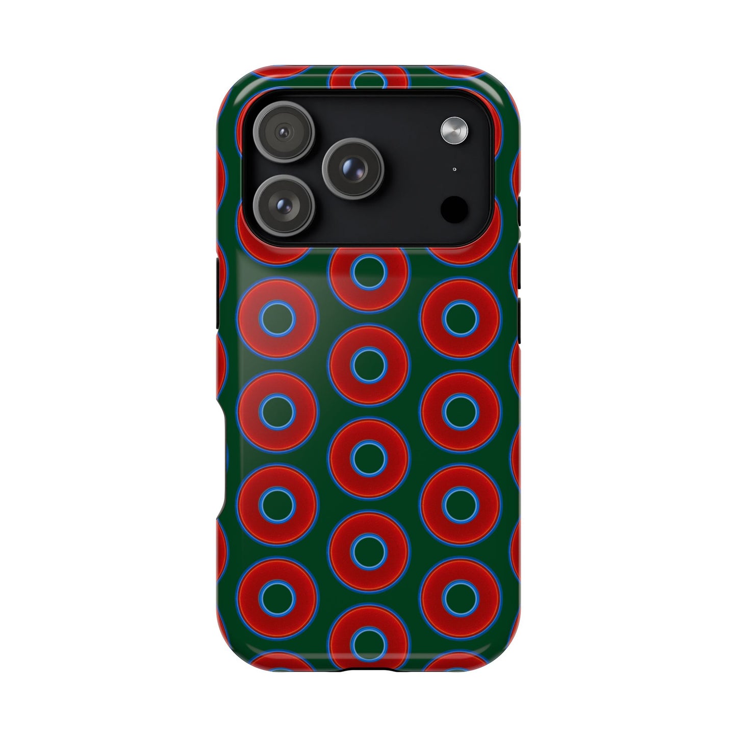 Impact-Resistant Lumpy Donut Case - red vivid donut print w/dark pond green background