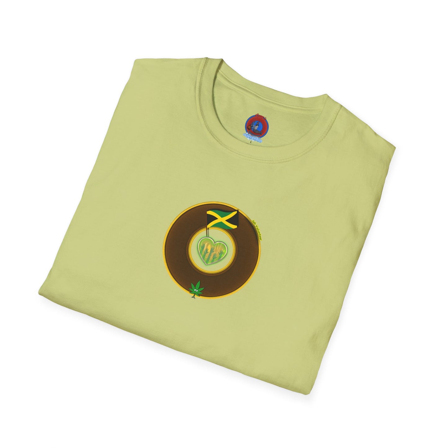 Classic Donut Tee - Unisex Soft-Style - "Jah Volunteers Protect Jah Love... and donuts!" - vivid brown/gold donut