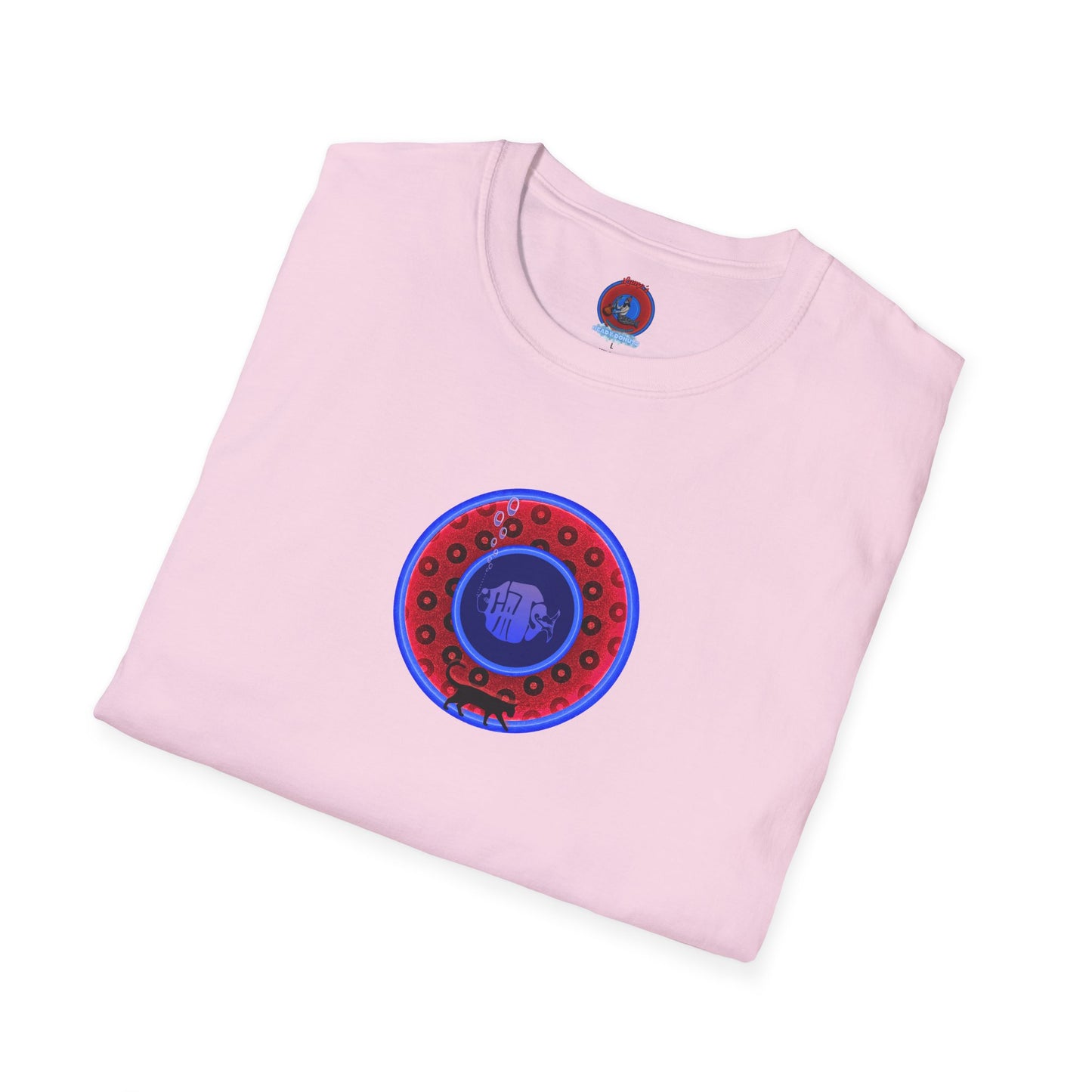 Classic Donut Tee - Unisex Soft-Style - "The Cat's Meow Donut' - red/blue paradox widemouthed donut