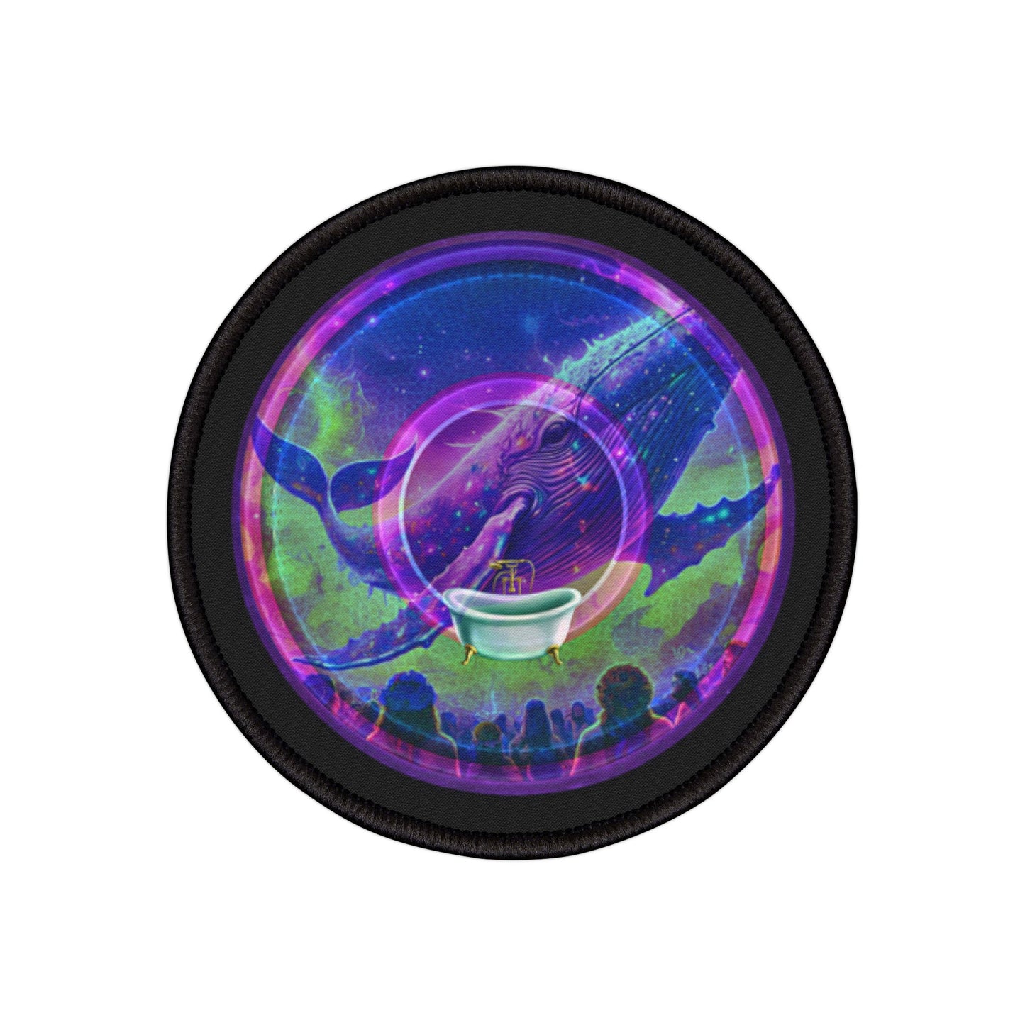 Iron-On Donut Patch - "Whale of a Good Donut Patch" - vivid purple/green pic donut - variant 2