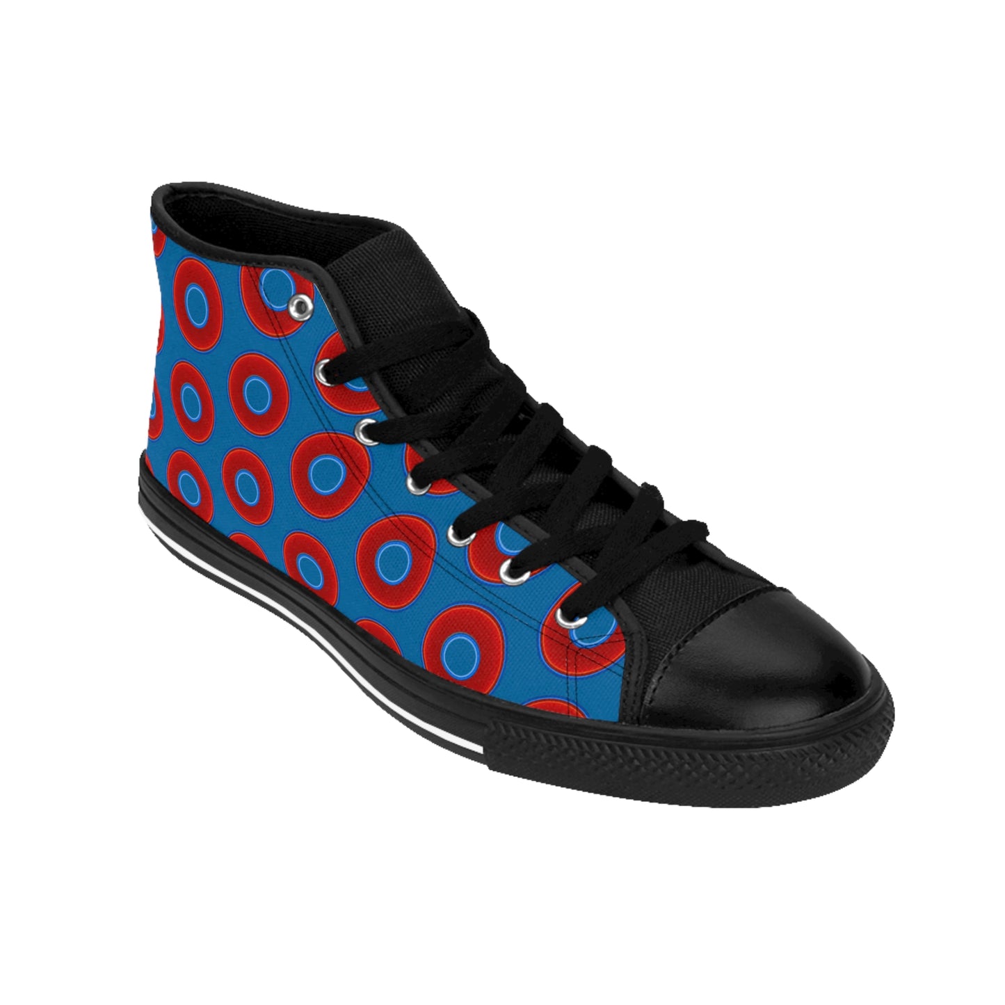 Cushiony Convectors - High Tops - red vivid donuts w/wavy navy background