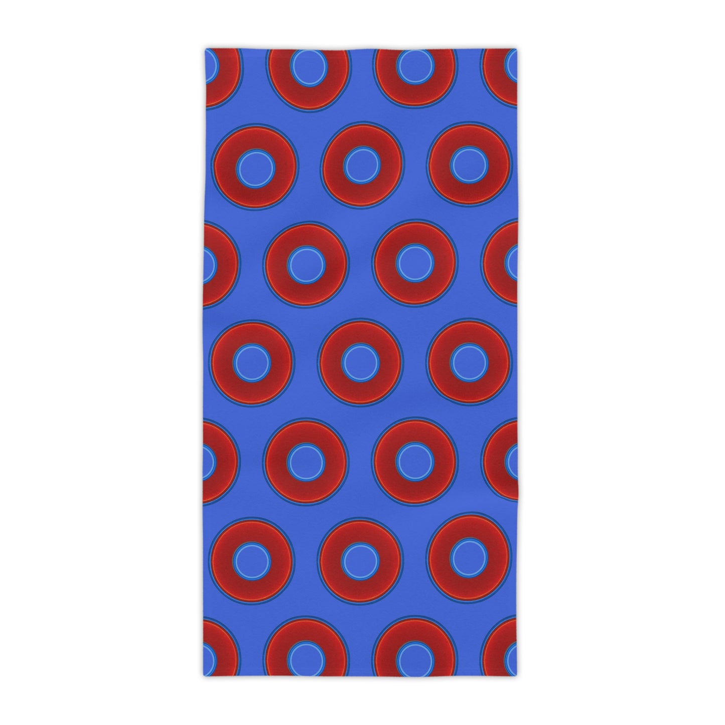 Lumpy Donut Towels - vivid red donuts w/royal blue background