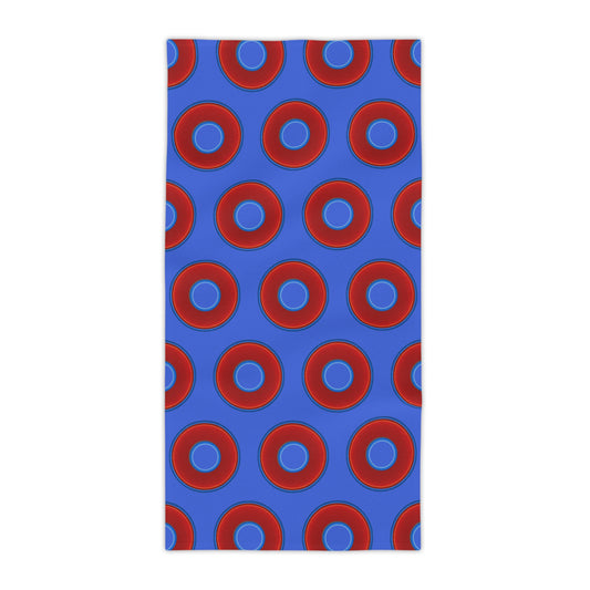 Lumpy Donut Towels - vivid red donuts w/royal blue background