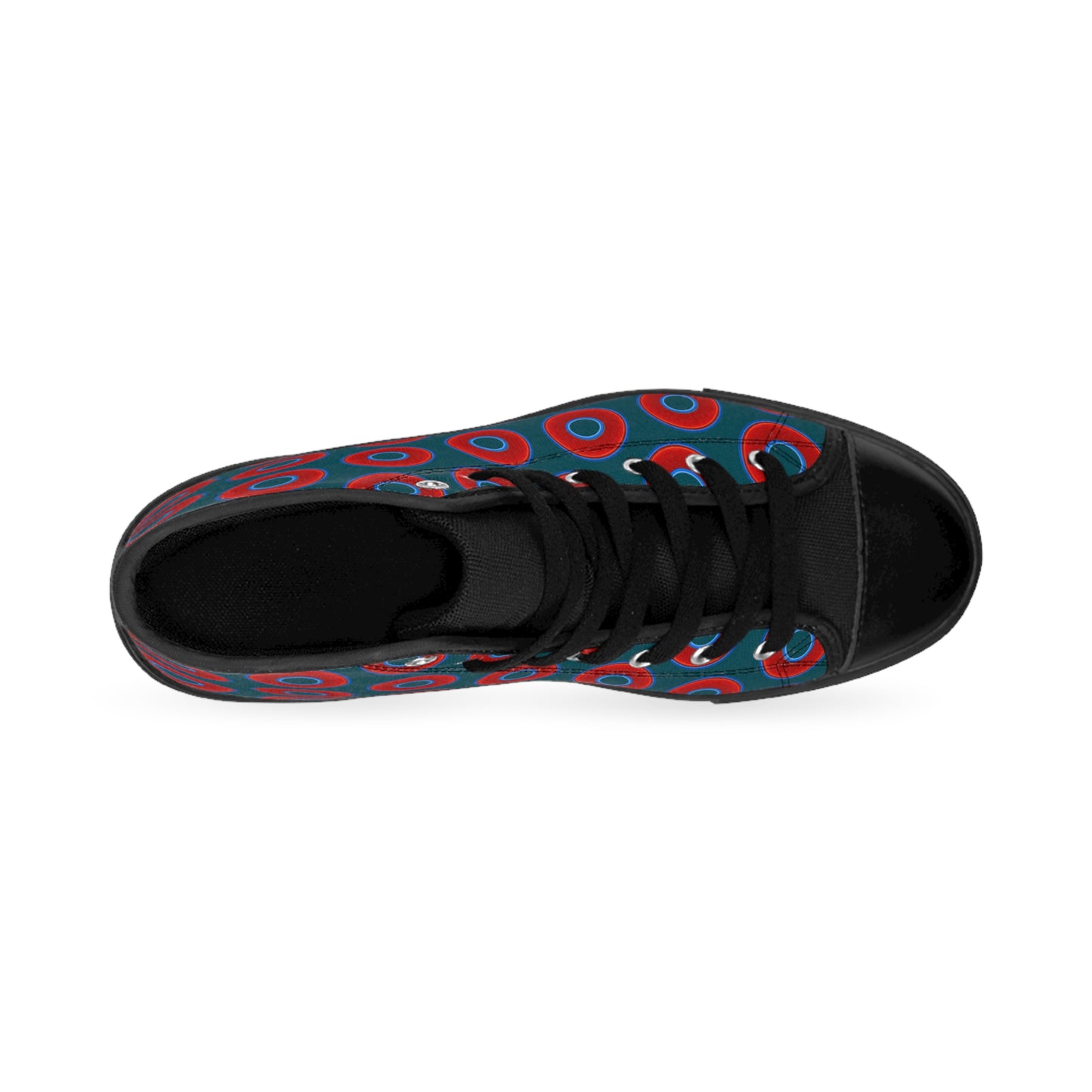 Cushiony Convectors - High Tops - red vivid donuts w/midnight teal green background