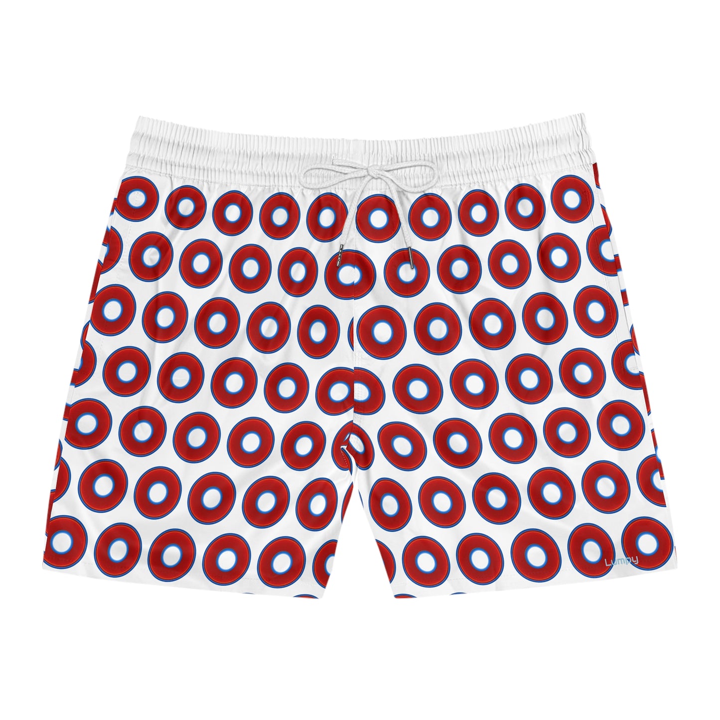 Men's Lumpy Swim Trunks - vivid red donut print w/white background