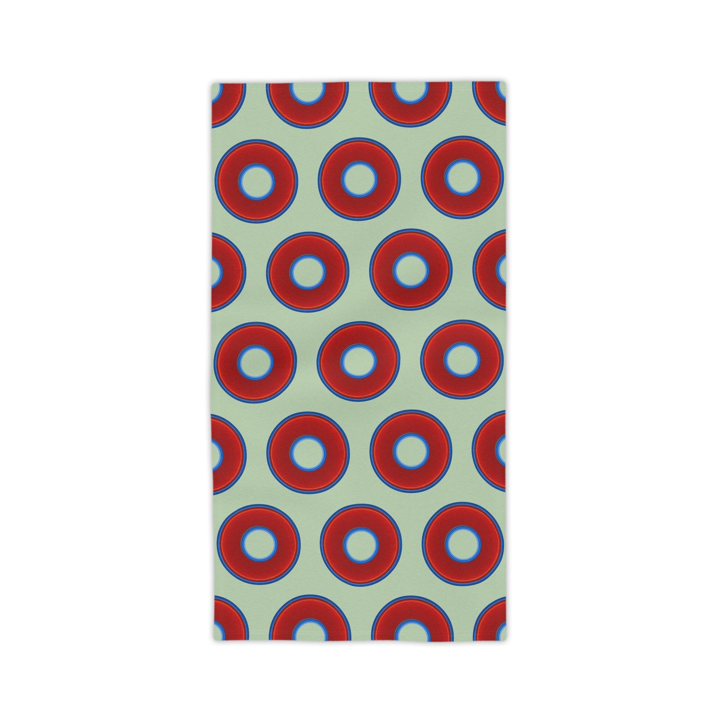 Lumpy Donut Towels - vivid red donuts w/seafoam background