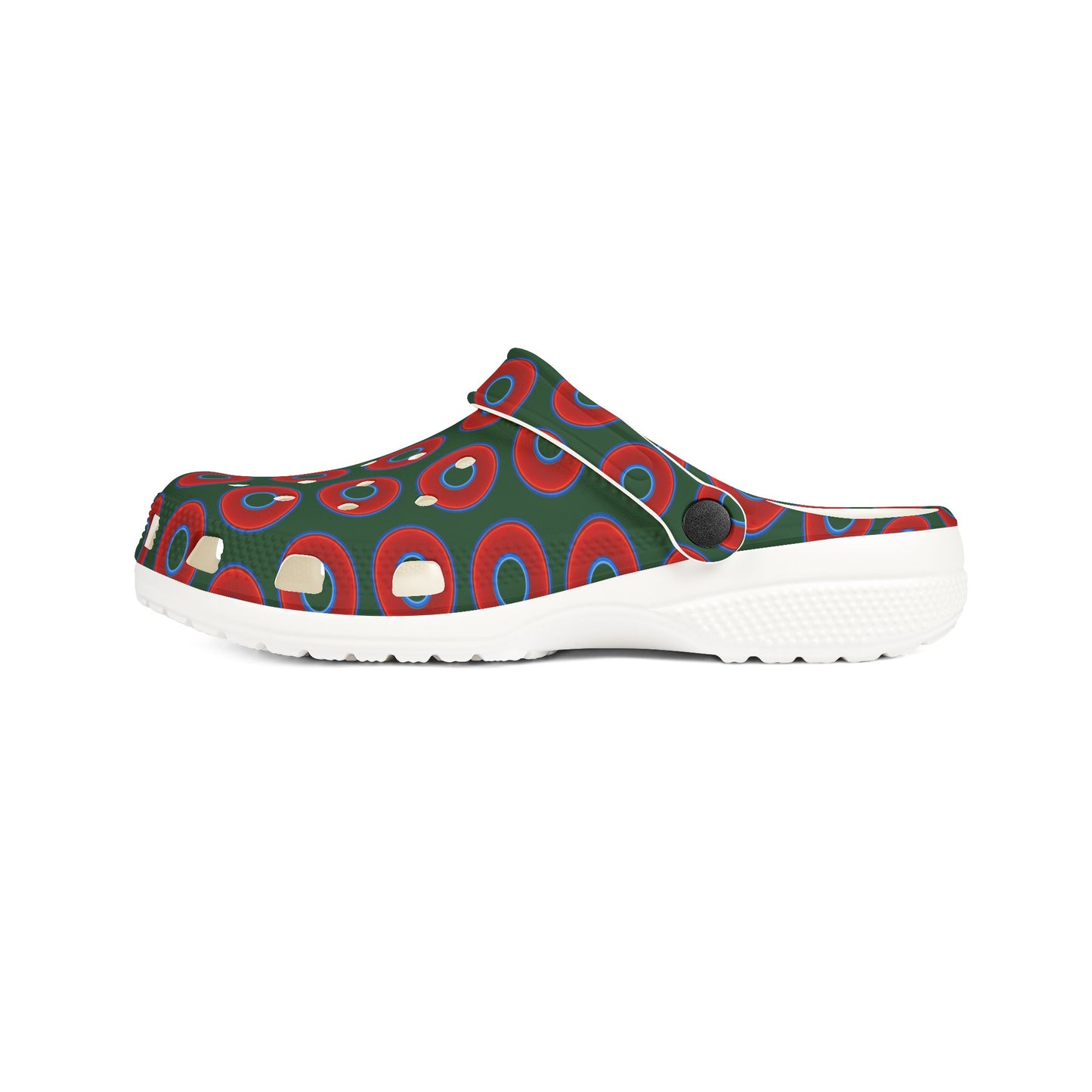 Spatchcocks - donut slip-on shoes - vivid red donuts w/deep pond green background [unisex]