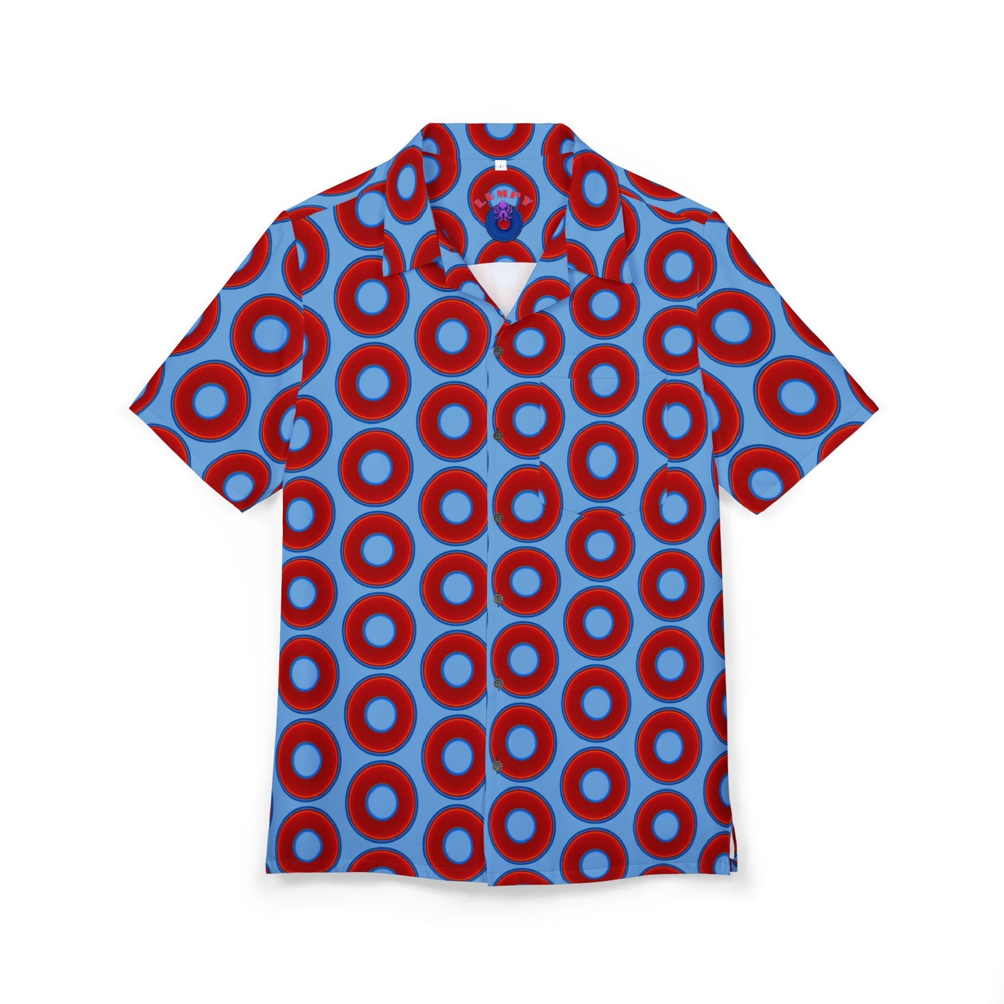 Wilson's 'Epic Hawaiian-Punch' Shirt - vivid red donut print w/light blue background [unisex]