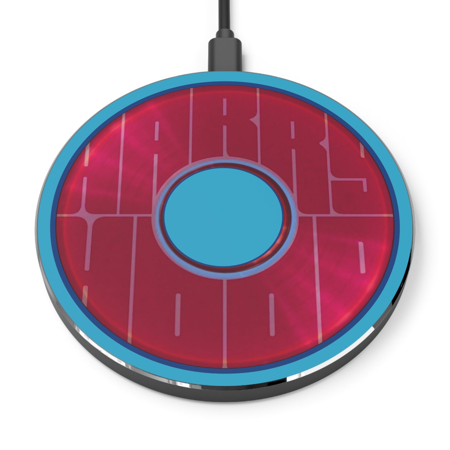 The Flow - Wireless Lumpy Donut Chargers - "Harry's Preferred Donut" - vivid magenta/light magenta word donut w/turquoise background - variant 1
