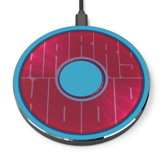 The Flow - Wireless Lumpy Donut Chargers - "Harry's Preferred Donut" - vivid magenta/light magenta word donut w/turquoise background - variant 1