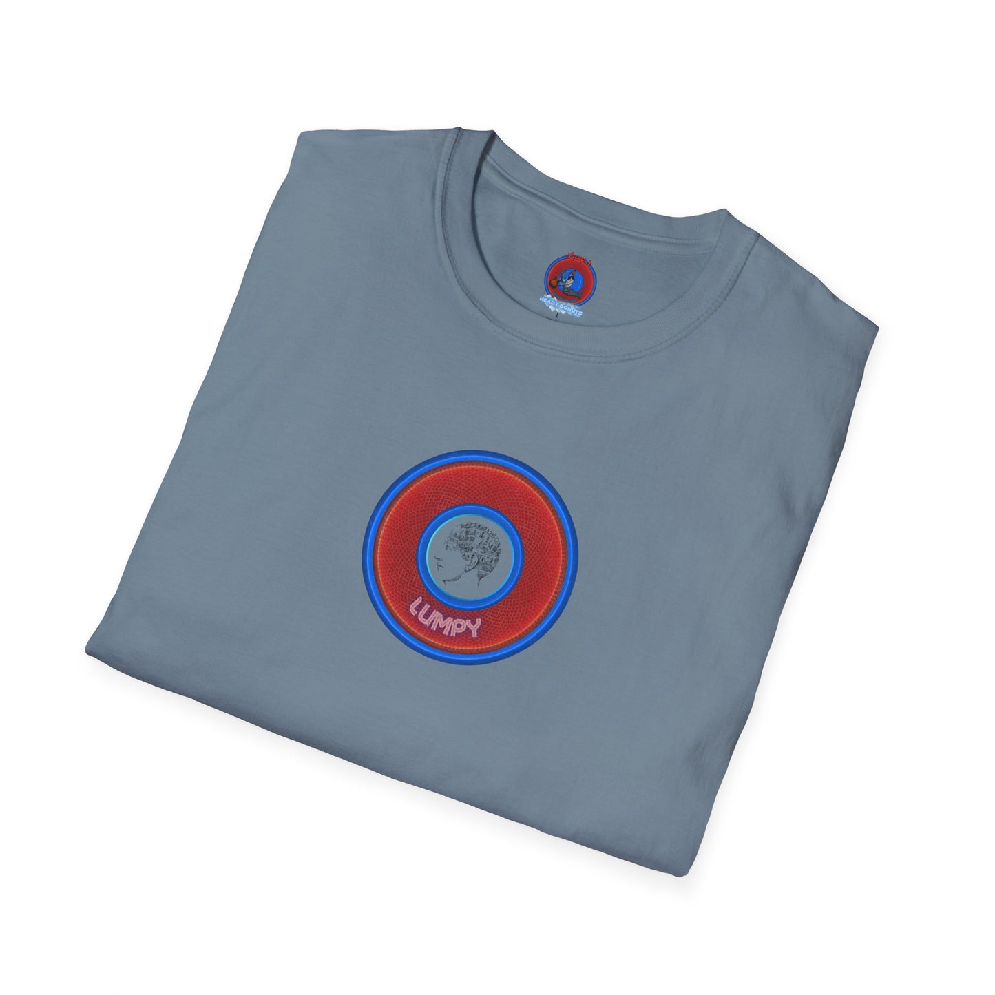 Classic Donut Tee - Unisex Soft-Style - "The Lumpy Donut" - variant 1 - red/blue donut