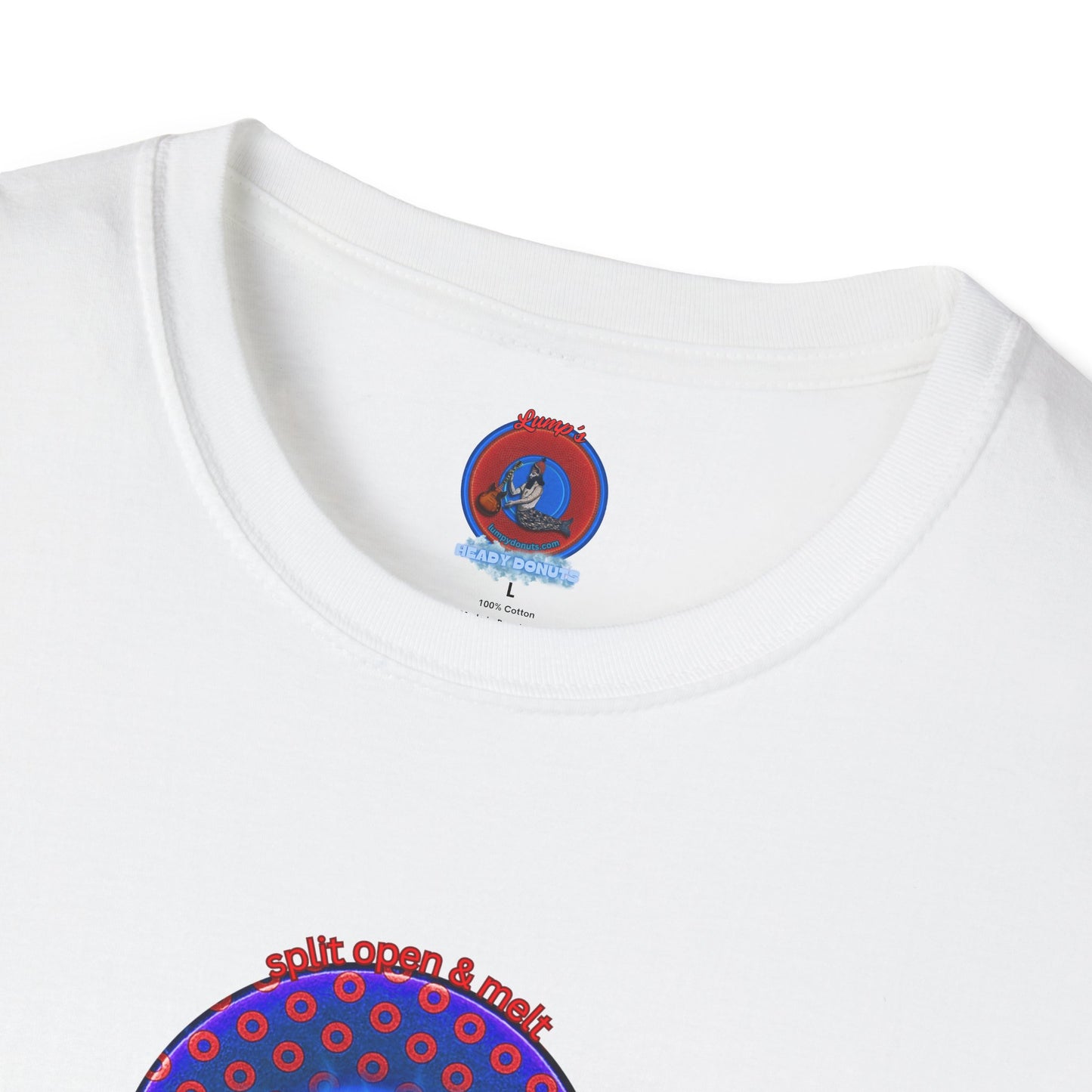 Classic Donut Tee - Unisex Soft-Style - "Split Open Donut Melt" - blue/red electric paradox donut - variant 2