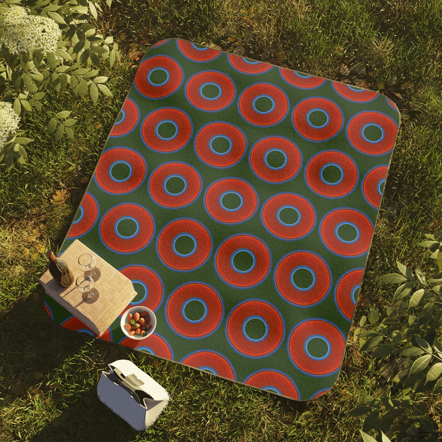 The Lumpy Party Blanket - giant water-resistant outdoor blanket [61" x 51"] - vivid red donuts w/deep pond green background