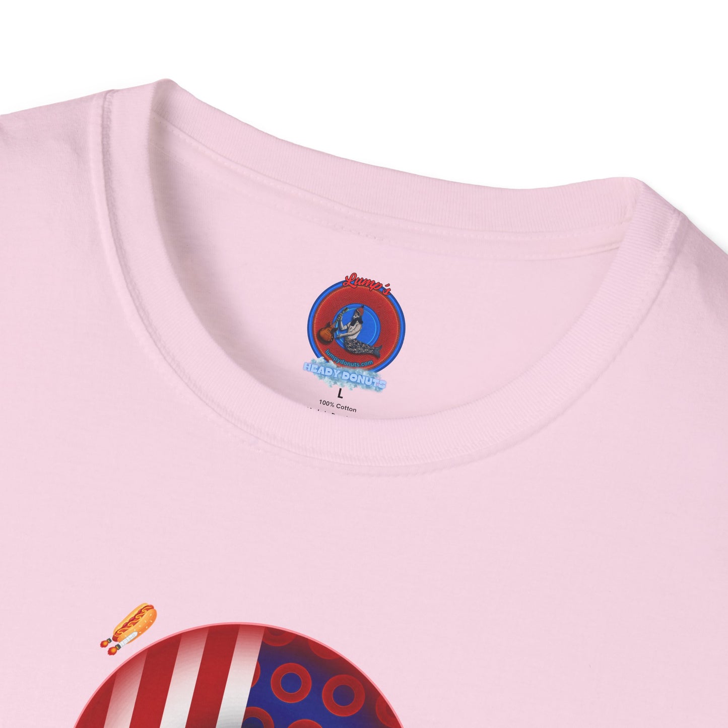 Classic Donut Tee - Unisex Soft-Style - "Uncle Sam's Donuts & Stripes" - vivid flag donut w/raw dogger