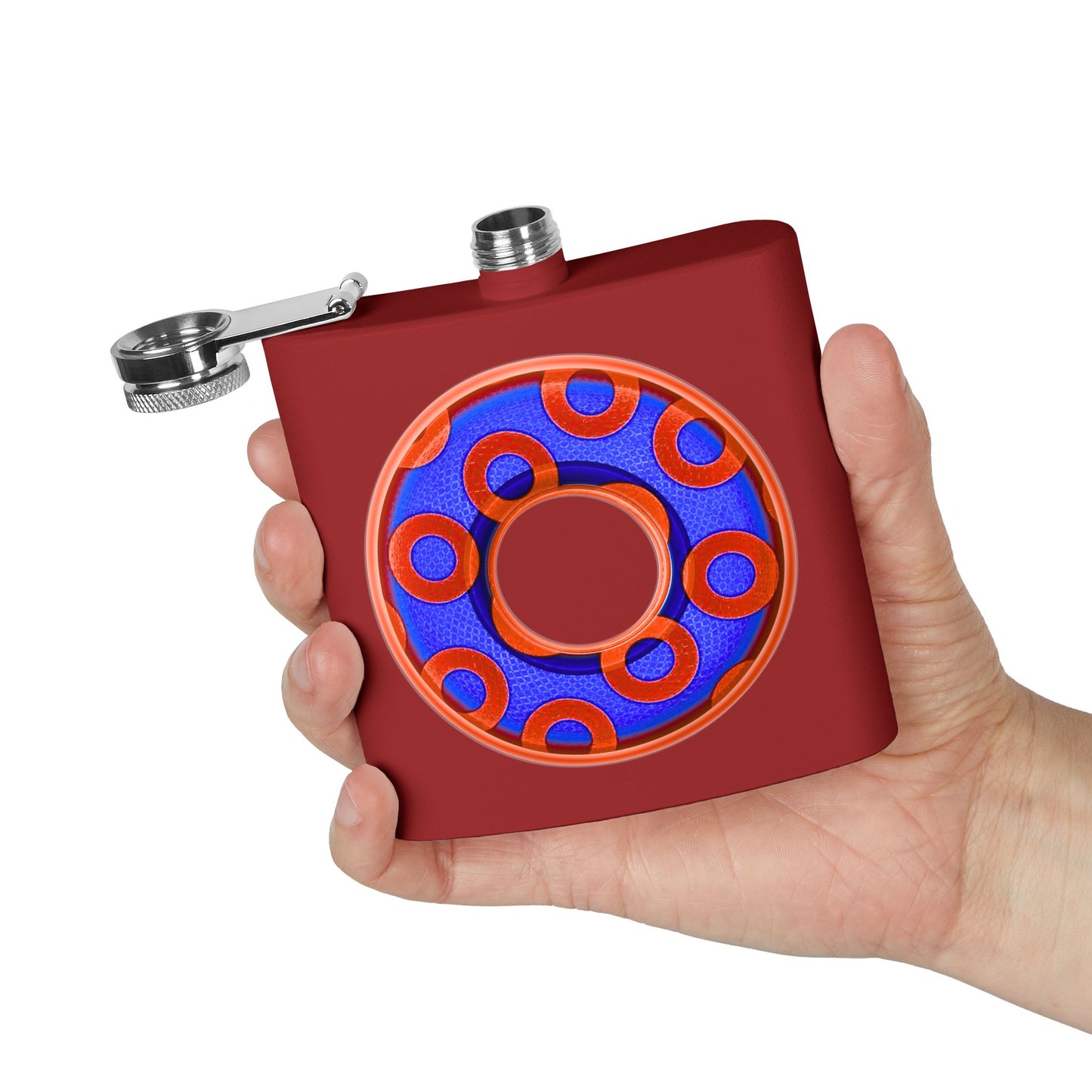 Lump's Donut Flask 6 oz -  Red/Blue Rustic Paradox Donut - [*w/your choice of 5 backgrounds]