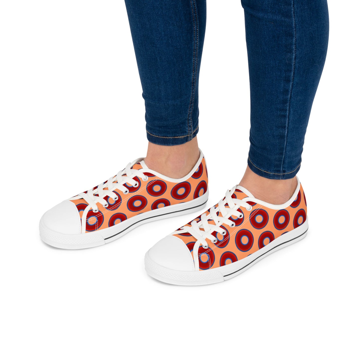 Women's - Low Top Chuck Taylors - large vivid red donut print w/peach background