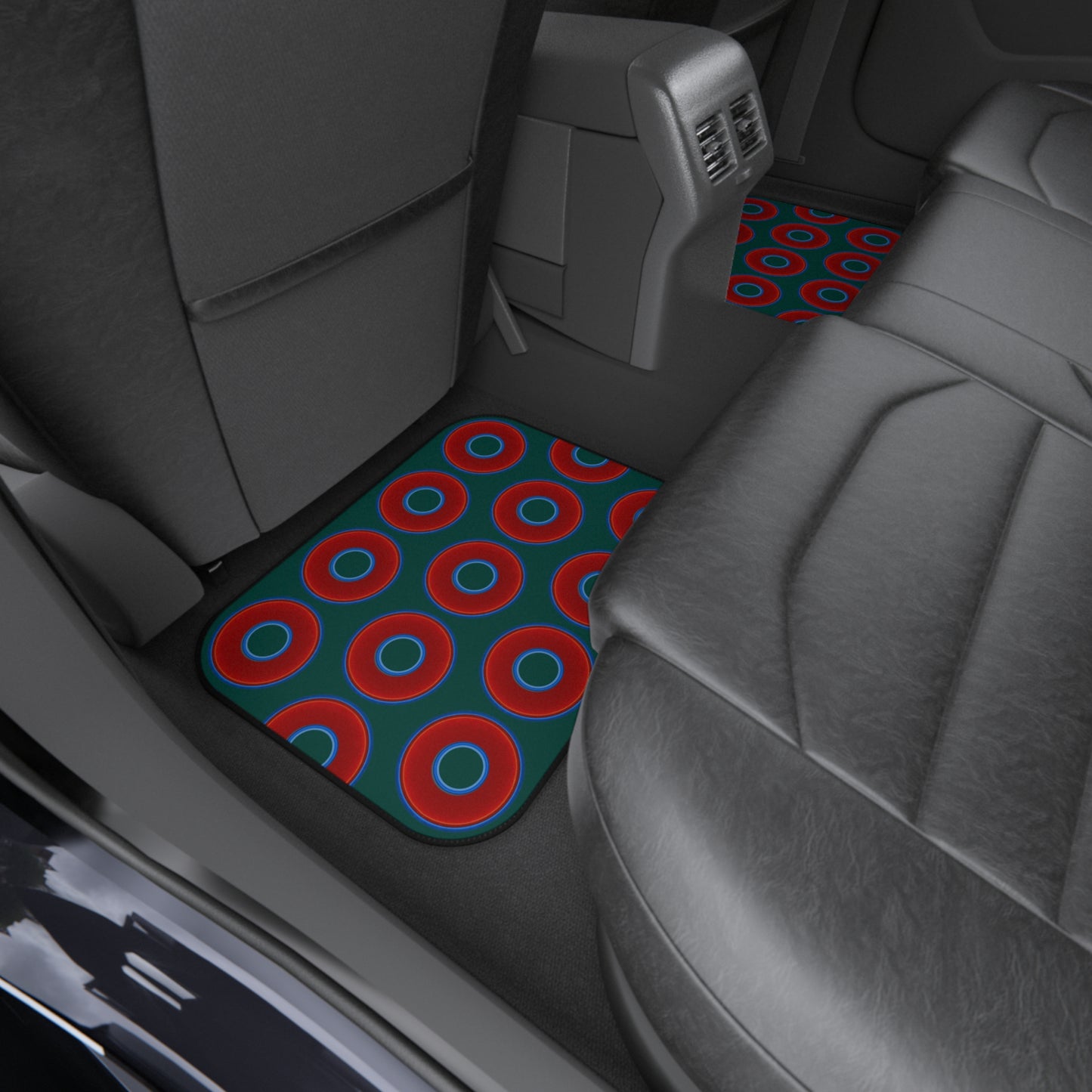 Contacted Car Mats - vivid donut print w/dark Fenway green background