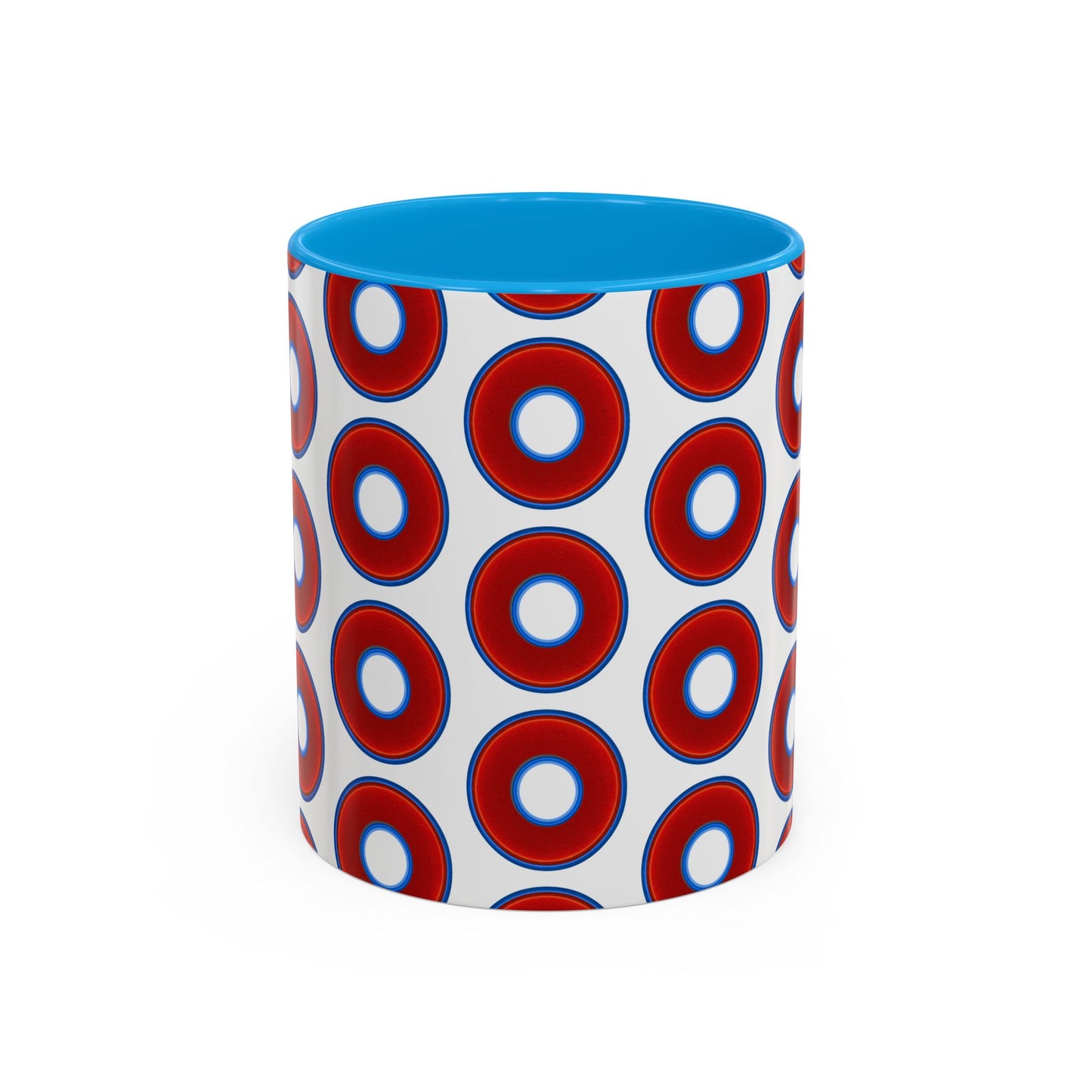 Lump's Grumpy Coffee Mug - vivid red donuts w/white background
