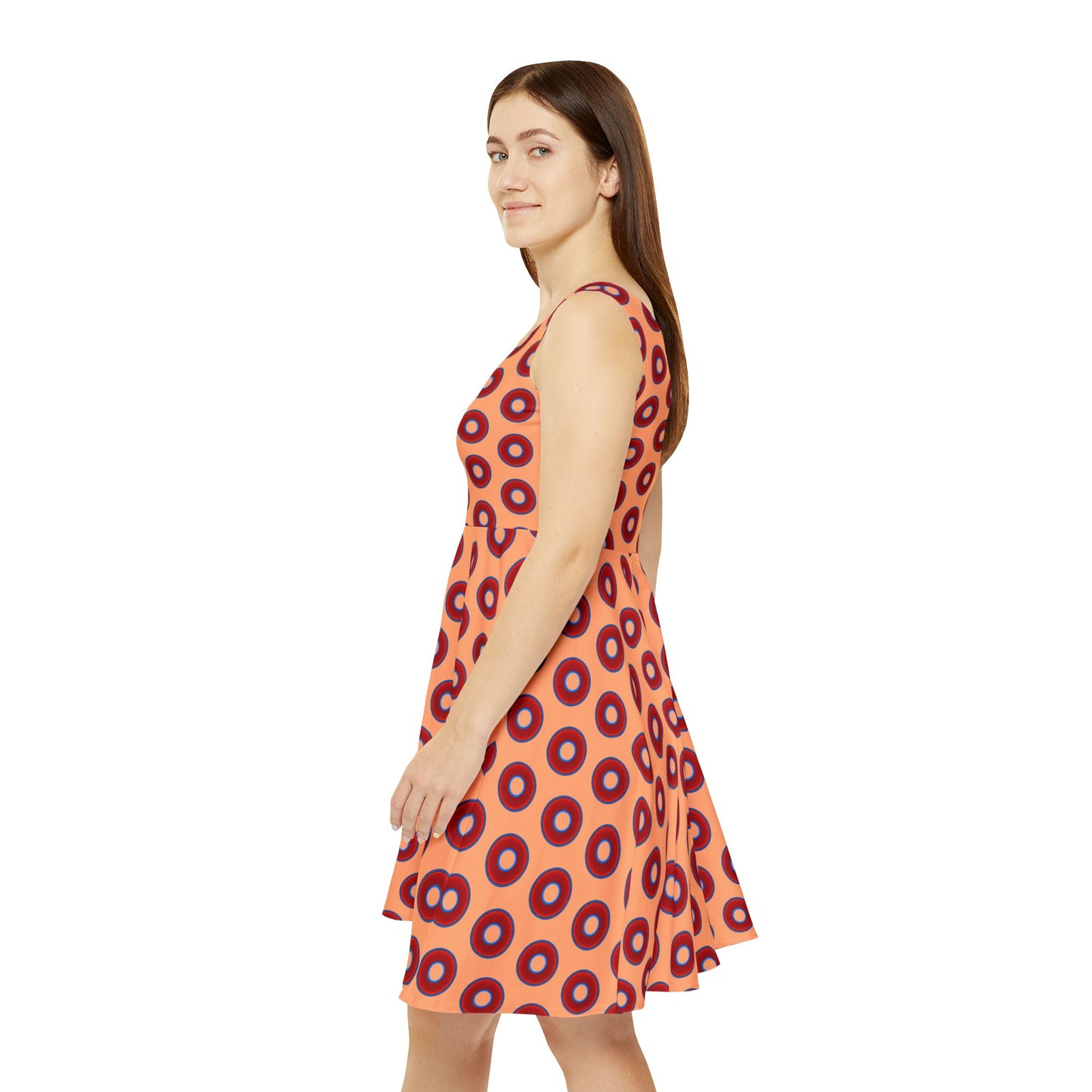 Women's Skater Donut Dress - vivid red donut print w/peach background