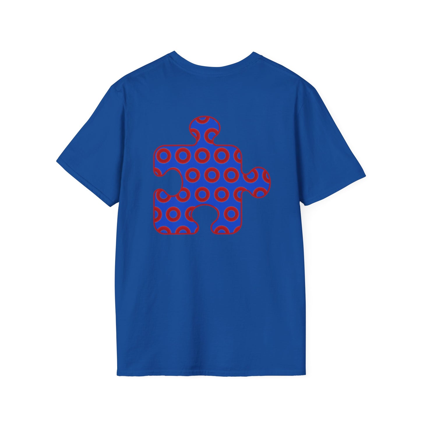 Classic Donut Tee - Unisex Soft-Style - "Trey's Completed Donut Pattern" - vivid red/blue puzzle pattern - variant 2