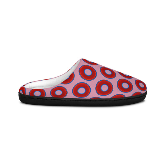 Men's Lumpy Slippers - red vivid donut print w/pale magenta background