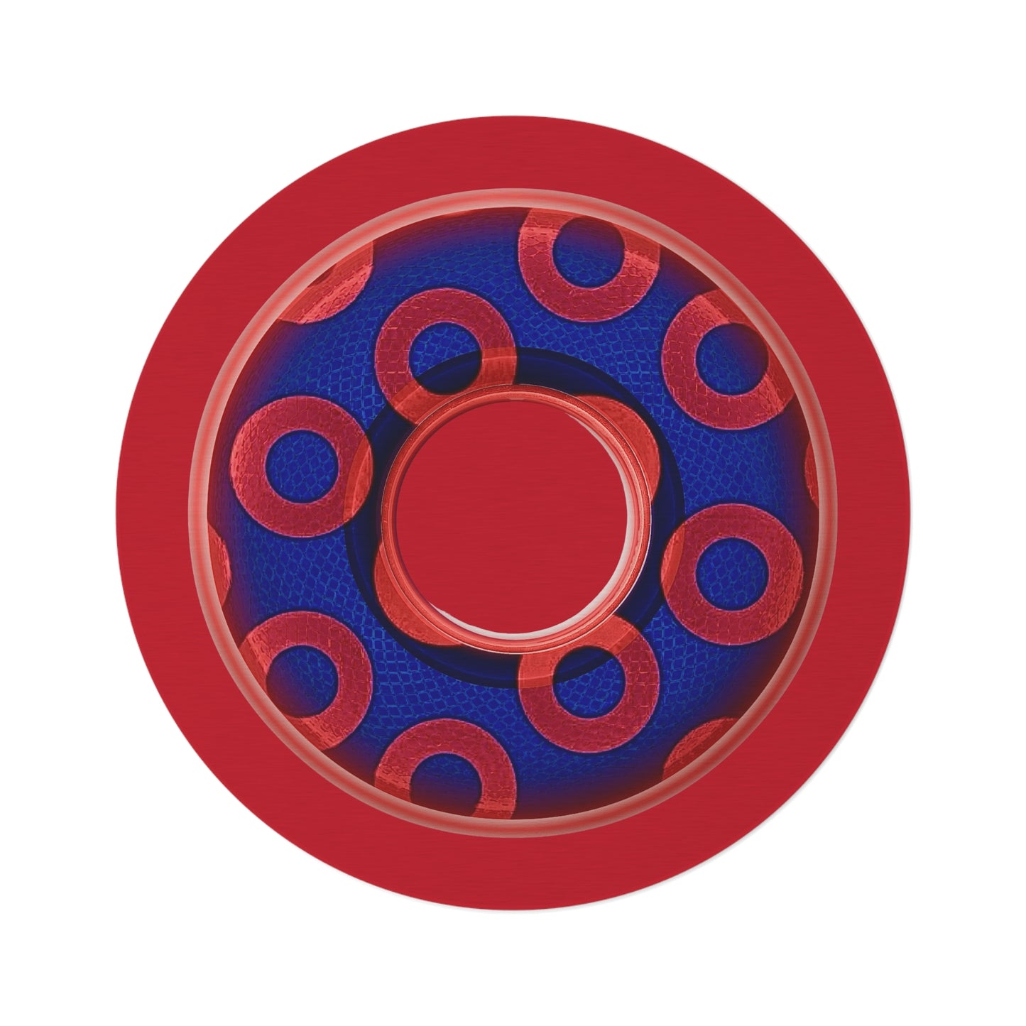 Round Room - 5 ft x 5 ft Lumpy Donut Rug - "Plain Donut" - rustic paradoxical red/blue donut w/hole & red background - variant 2